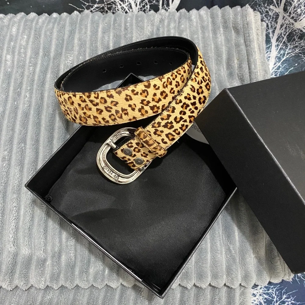 Chrome Hearts Leopard Print Calf Hair Belt in Tan and Black with Silver Buckle